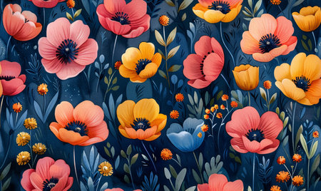 Seamless pattern with poppies and wildflowers. Vector illustration.の素材