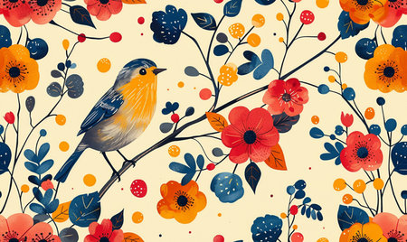 Seamless floral pattern with bird and flowers. Vector illustration.の素材