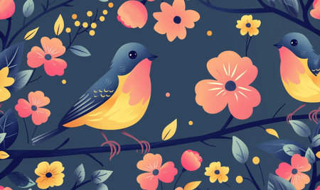 Seamless pattern with cute birds and flowers. Vector illustration.の素材