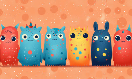 Cute cartoon monsters on orange background with dots. Vector illustration.の素材