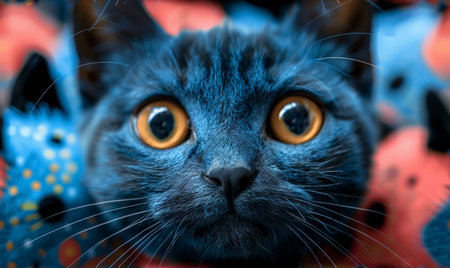 Portrait of a blue cat with orange eyes on a blue backgroundの素材