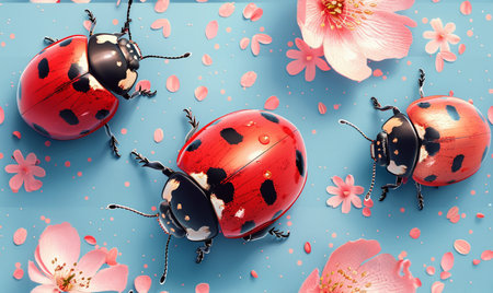 Cherry blossoms and ladybugs on blue background. 3d illustrationの素材