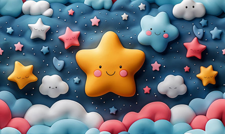 Cute cartoon stars in the sky. Paper art style. Vector illustrationの素材