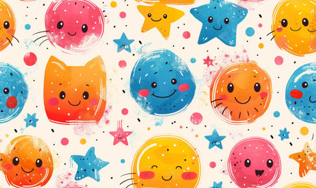 Seamless pattern with cute kawaii cartoon monsters and stars. Hand drawn vector illustration.の素材