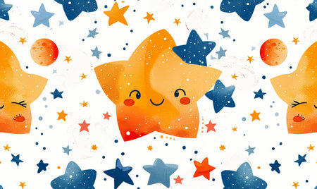 Seamless pattern with cute watercolor stars and stars on a white background.の素材