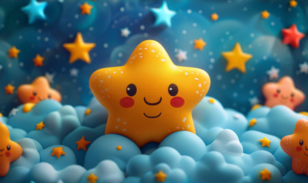 Cute yellow star on blue background with stars and clouds. 3d renderingの素材