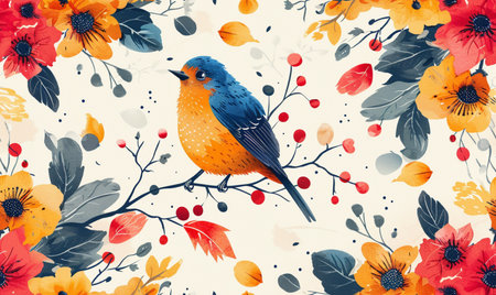 Seamless floral pattern with birds and flowers. Vector illustration.の素材