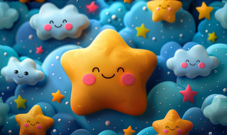 Cute yellow star with colorful clouds and stars. 3d renderingの素材