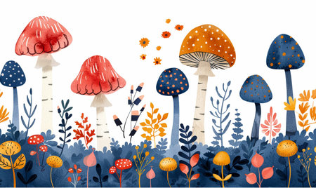 Watercolor autumn forest seamless pattern with mushrooms. Hand drawn illustration.の素材