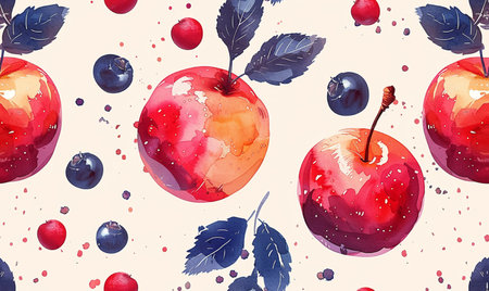 Seamless pattern with apples and berries. Watercolor illustration.の素材