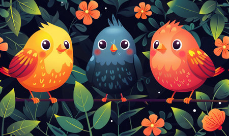 Cute cartoon birds sitting on a branch with flowers. Vector illustration.の素材