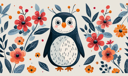 Seamless pattern with cute penguin and flowers. Vector illustration.の素材