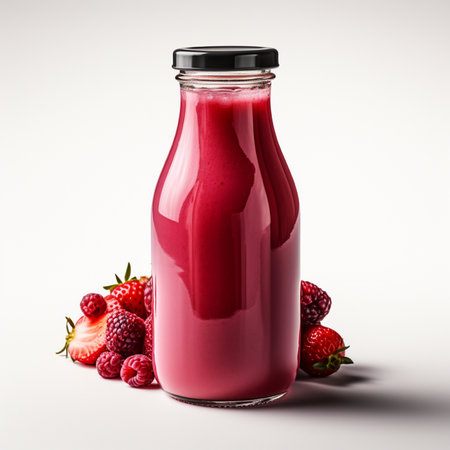 Bottle of raspberry smoothie with fresh berries on white background.の素材