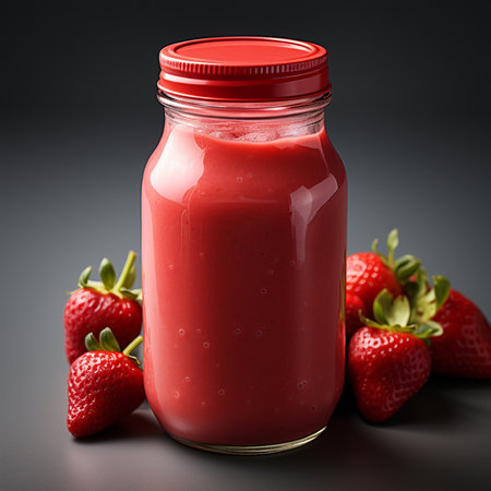 Strawberry smoothie in a glass jar on a black backgroundの素材
