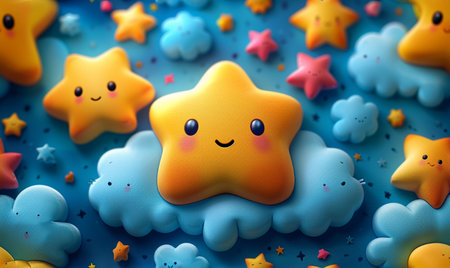 3d render of a group of cute stars in the blue skyの素材