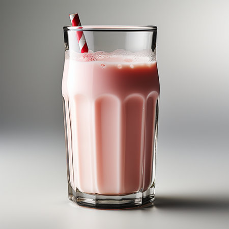Glass of pink milkshake with straw isolated on grey background.の素材