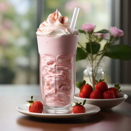 Strawberry milkshake with whipped cream and fresh strawberries in a glassの素材