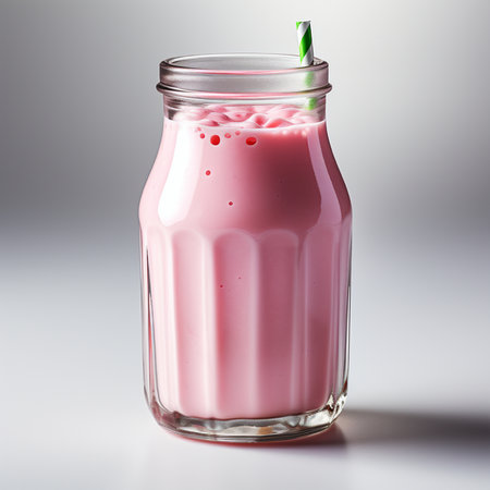 Pink milkshake in a glass jar with a straw on a gray backgroundの素材