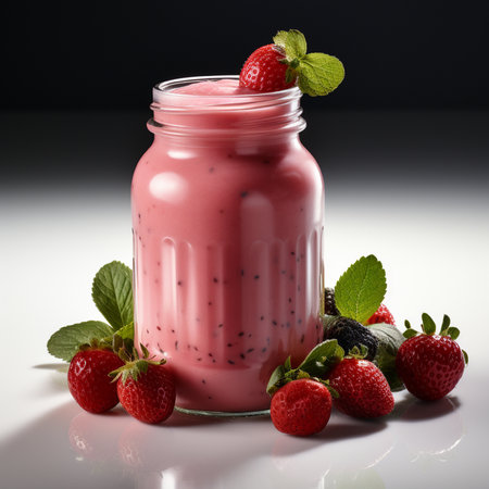 Strawberry smoothie in a glass jar on a dark backgroundの素材