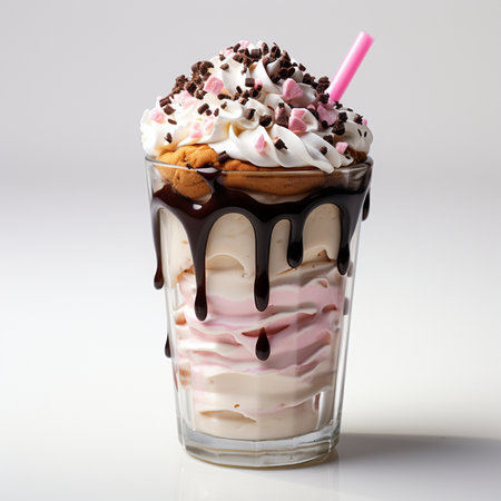 Ice cream sundae in a glass with whipped cream and chocolate toppingの素材