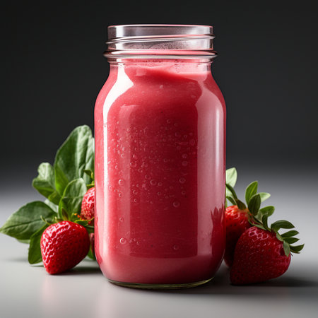 Strawberry smoothie in a glass jar on a gray backgroundの素材