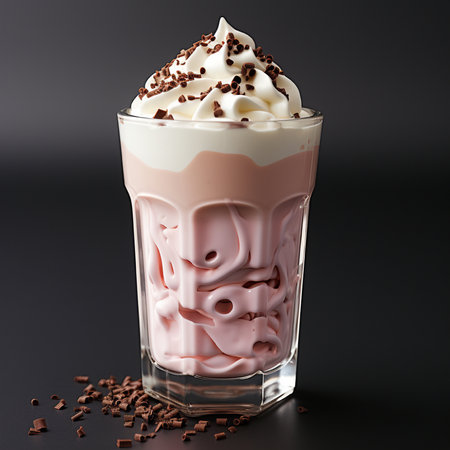 Glass of chocolate milkshake with whipped cream and chocolate chips on black backgroundの素材
