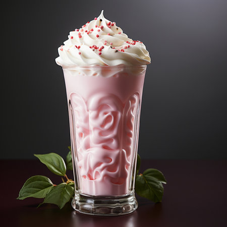 Strawberry milkshake with whipped cream in glass on dark backgroundの素材