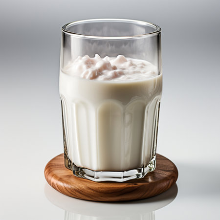 Milk in a glass on a wooden stand on a white backgroundの素材