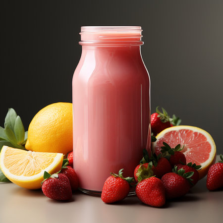 Bottle of fresh strawberry smoothie with lemons and strawberries on grey backgroundの素材