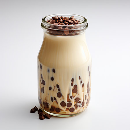 Chocolate milk in a glass jar with chocolate chips on a white backgroundの素材