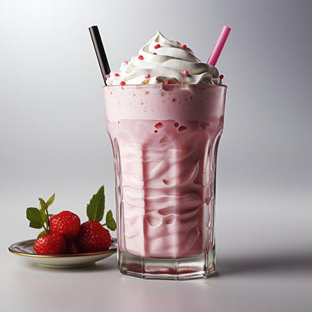 Strawberry milkshake with whipped cream and fresh strawberries on gray backgroundの素材