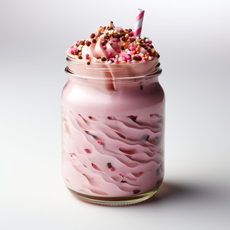 Strawberry milkshake with whipped cream and sprinkles in glass jarの素材