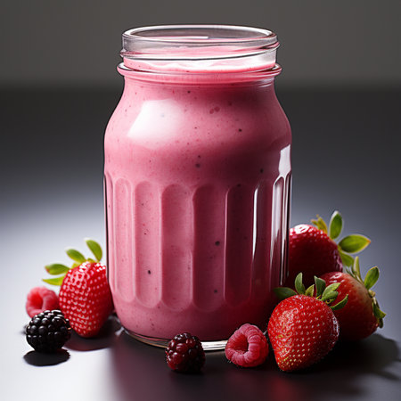 Strawberry and blackberry smoothie in glass jar on dark backgroundの素材