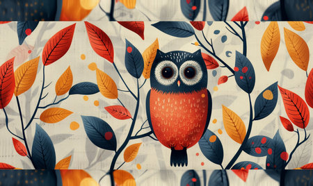 Seamless pattern with a cute owl on a background of autumn leavesの素材