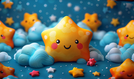 3d render of cute yellow star and clouds on blue background.の素材