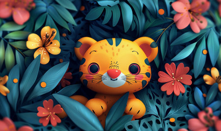 Cute cartoon tiger among tropical leaves and flowers. Vector illustration.の素材