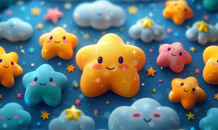 3d rendering of a group of kawaii stars on blue backgroundの素材
