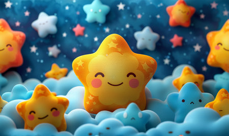 3d illustration of cute yellow star with clouds on blue background.の素材
