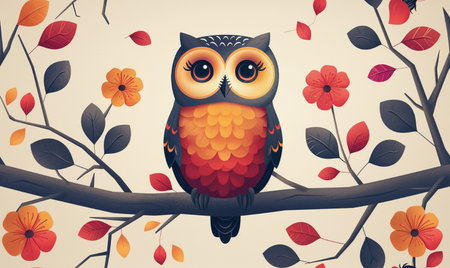 Owl on a branch with flowers. Vector illustration in retro style.の素材