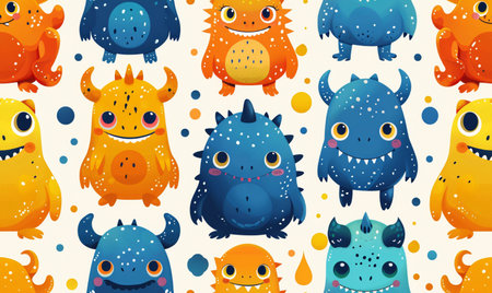 Seamless pattern with cute monsters. Vector illustration in cartoon style.の素材