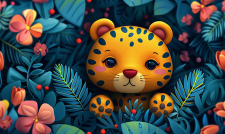 Cute cartoon leopard in tropical jungle. 3d illustration.の素材