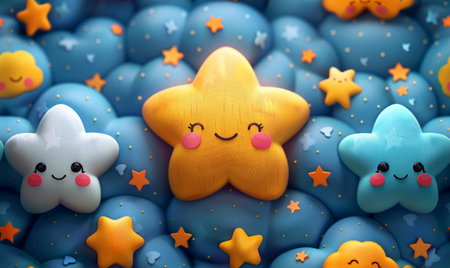 3d illustration of cute stars and yellow star in blue background.の素材