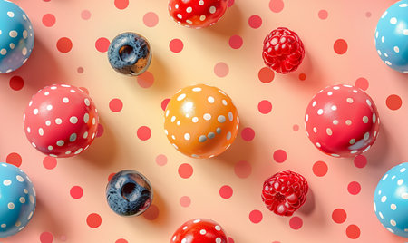 Colorful dotted easter eggs with raspberries and blueberriesの素材