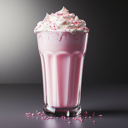 Pink milkshake with whipped cream in a glass on a dark backgroundの素材