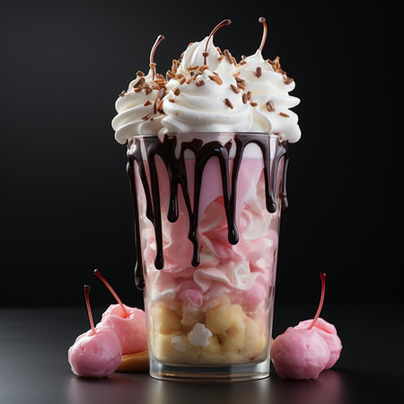 Delicious dessert with whipped cream, apple and marshmallows in glass on black backgroundの素材