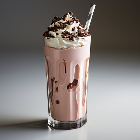 Chocolate milkshake with whipped cream and chocolate chips in a glassの素材