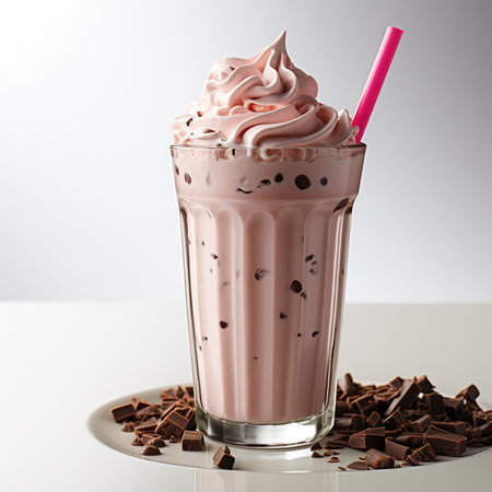Chocolate milkshake with whipped cream and chocolate pieces on white backgroundの素材