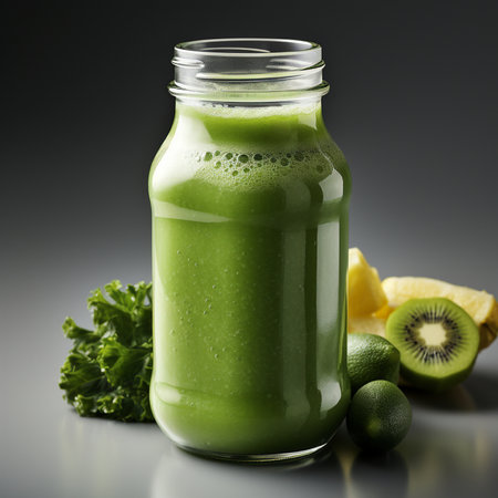 Healthy green smoothie in glass bottle with ingredients on dark backgroundの素材