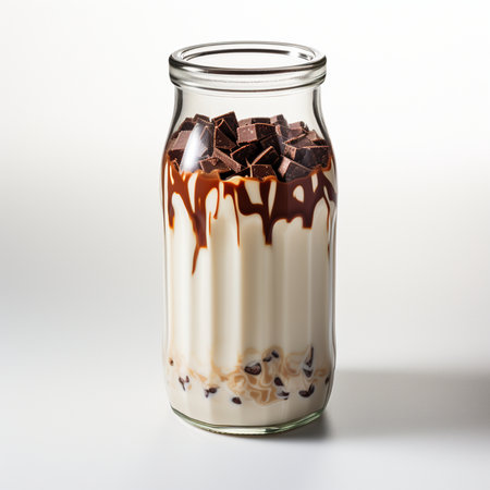 Milk shake in a glass jar with chocolate pieces on white backgroundの素材