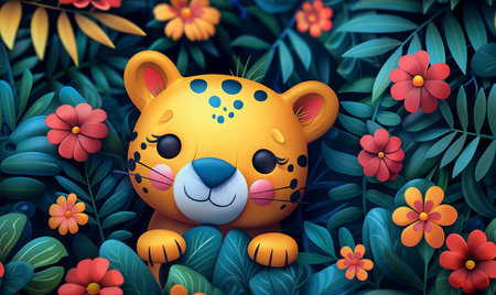 Cute cartoon leopard in the jungle with flowers. Vector illustration.の素材